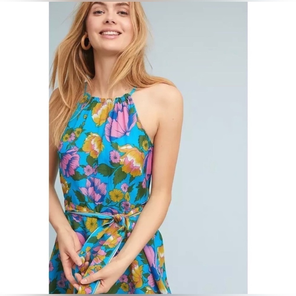 Anthropologie Lilka Dinan Halter Dress Handkerchief Hem Blue Floral Large EUC